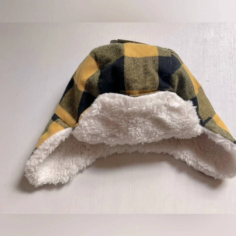 NWT Tucker + Tate Winter Baby Hat Yellow Buffalo Plaid 0-12 Months Ear Flap